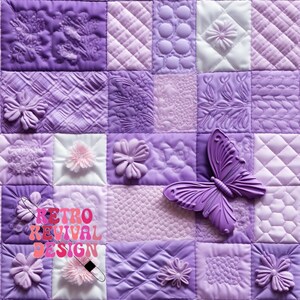 May include: A purple quilted fabric with a variety of textures and patterns, including flowers, butterflies, and geometric shapes. The fabric is labeled "Retro Revival Design".