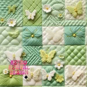 May include: A green and white quilted fabric with a patchwork design featuring various embroidered butterflies and flowers. The fabric has a textured surface and is decorated with a variety of stitching patterns.