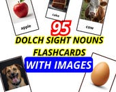 Dolch Sight Words Nouns Set - 95 Printable Flashcards with Images for Vocabulary Practice for Kids, Teachers, ESL, Homeschool Learners