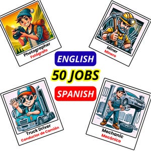 May include: A set of four illustrated cards depicting various professions. The cards feature a photographer, miner, truck driver, and mechanic. The text "ENGLISH 50 JOBS SPANISH" is displayed in the center of the image.
