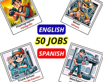 Schede didattiche stampabili inglese-spagnolo sui lavori - Apprendimento bilingue - Schede di vocabolario per bambini, insegnanti e studenti di inglese come seconda lingua