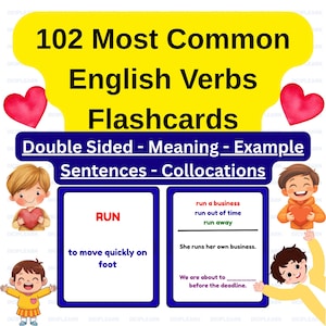 Puede incluir: Tarjetas didácticas tituladas "102 verbos ingleses más comunes". Las tarjetas son de doble cara e incluyen significados, ejemplos, oraciones y colocaciones. La palabra "RUN" se muestra con su definición y oraciones de ejemplo. La imagen tiene un fondo amarillo con ilustraciones de dibujos animados.