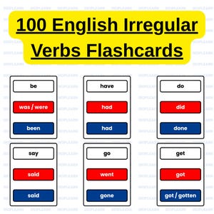 100 Verbos Irregulares Flashcards para Niños - ESL - Toddlers | V1 V2 V3 Verb Cards in Color | English Past Tense | Printable PDF A4 Letter