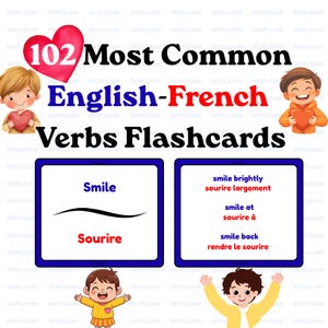 102 Common English French Verbs Flashcards with Collocations | Vocabulary | Bilingual | Language Chart | Toddler Flashcards