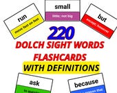 Dolch Sight Words Flashcards With Definitions - Printable 220 Colorful Learning Pack - 1st Grade, Second Grade, Third Grade, Kindergarten