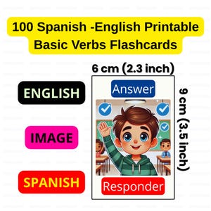 100 Printable Basic Verbs Spanish - English Flashcards | Bilingual Study Cards | Language Learning Vocabulary | Kids | ESL | Toddler