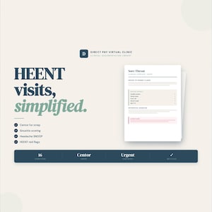 Puede incluir: Documento digital con el texto "Sore Throat" y una lista de síntomas. Forma parte de un diseño más amplio con "HEENT visits, simplified." y servicios médicos. La paleta de colores es verde azulado, blanco y beige.