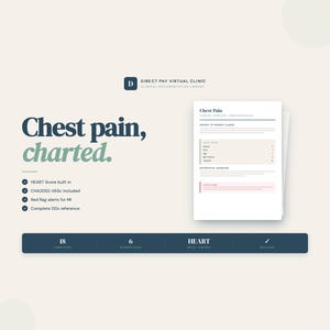 May include: A digital document titled "Chest Pain" with a medical form, featuring a list of symptoms and a section for patient history. The document is part of the Direct Pay Virtual Clinic's documentation library.