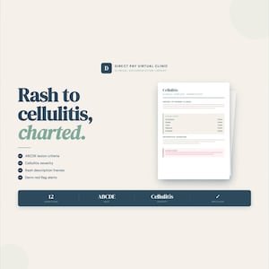 Può includere: Un documento digitale intitolato "Cellulite" con un design rosa chiaro e bianco. Il documento fa parte della Clinical Documentation Library di Direct Pay Virtual Clinic. L'immagine include anche il testo "Eruzione cutanea a cellulite, mappata."
