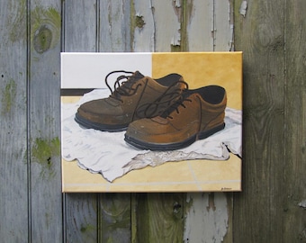 Workday's End, Worn Leather Shoes, Signed Art, 18x14