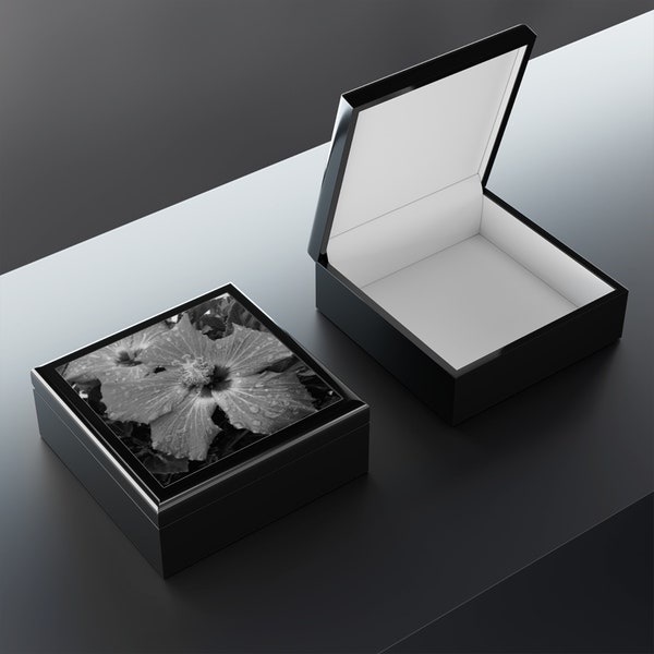 B&W photography of a hibiscus plant on this beautiful black jewelry box makes a unique gift or engagement gift box