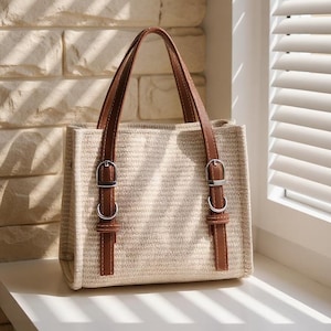 Straw Bag with Leather Handles, Summer Straw Bag, Straw Crossbody Bag, Woven Straw Bag, Straw Purse As A Gift For Women, Straw Basket Totes