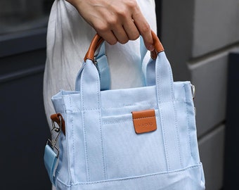 ◆SATUR◆ Scrunchy mini tote and cross bag sky blue SA245UAB Small Tote Bag - Navy Blue Tote Bag - Mini Canvas Tote Bag