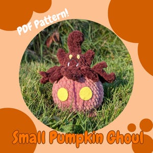 May include: A handmade crochet Small Pumpkin Ghoul, with a brown head and arms, a pink body, and yellow circles. The text "PDF Pattern!" and "Small Pumpkin Ghoul" are visible. The ghoul is set in a grassy area.