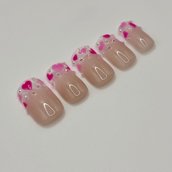 Pink Heart Gem Press On Nails | Valentine's Day Gel Nail Set