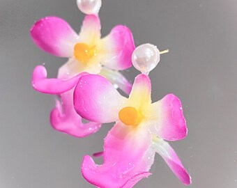 Brincos de orquídea rosa em ouro 14K, joias florais