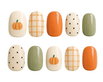 Fall Pumpkin Press On Nails | Orange Plaid Nails | Sage Green Nails | Polka Dot Nails | Autumn Thanksgiving Nails | Cozy Fall Press Ons