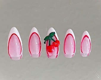 Cherry French Tip Press On Nails: Handpainted Gel Nail Art