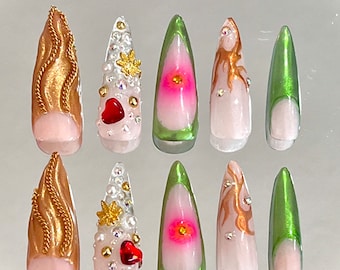 Summer Sunset Press On Nails, Gold Jade Chrome, Handcrafted Gel