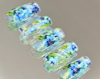 Blue Green Foil Flower Press On Nails: Iridescent Chrome, Spring Nail Art