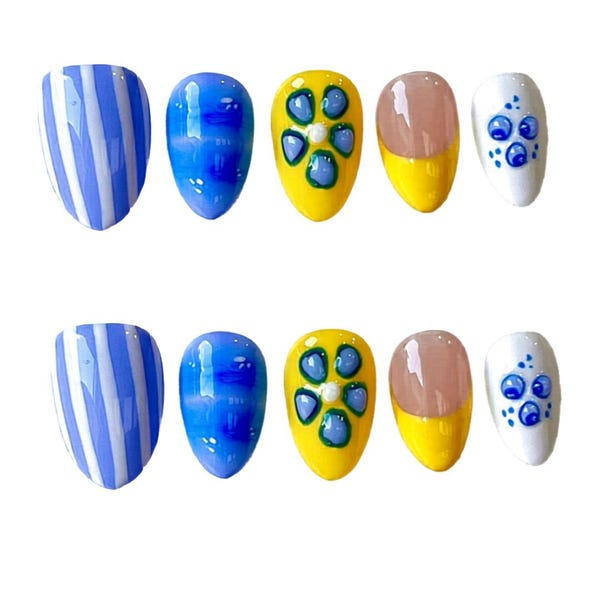 Blueberry Lemon Gel Press On Nails | Fruit Flower Summer Design