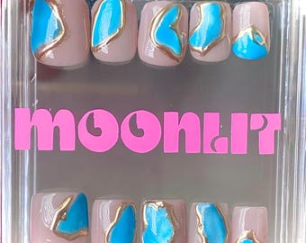Handpainted Blue Gold Cat Eye Geode Press On Nails - Fall Fashion