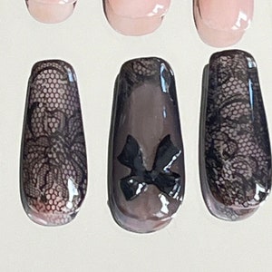 Clear Black Lace French Tip Press On Nails | Spring Prom Press Ons | XShort to XLong Gel Nails | Goth Nails Press On Nails | Dark Press Ons