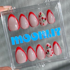 Red Cherry French Tip Gel Press On Nails | Handpainted Cherry Print Press Ons | XShort to XLong Gel Nails | Summer Nails | Cute Nails