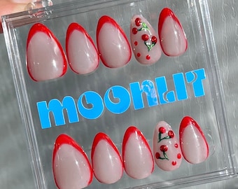 Handpainted Cherry French Tip Press On Nails | Short to Long