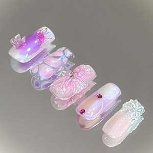 Purple Pink Butterfly Fairy Press On Nails, 3D Flower Gel Manicure