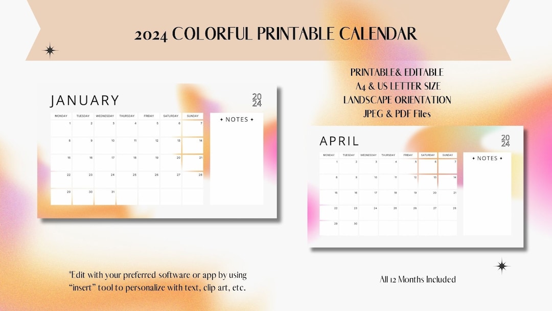 20242025 Colorful Printable Monthly Calendar Planner Etsy