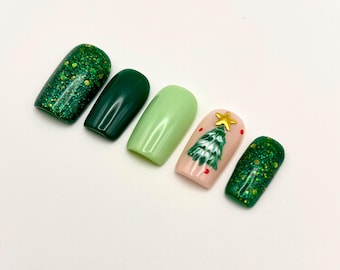 Green Christmas Tree Press On Nails | Glitter Gel Holiday Nails (XShort to XLong)