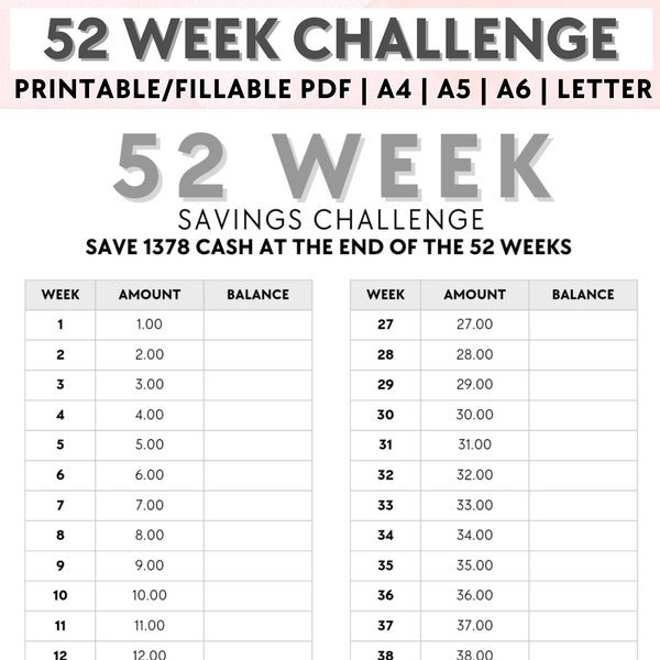 52 Week Challenge, 52 Weeks Savings Challenge, Weekly Savings Tracker, Saving Money Challenge, Printable Digital Download PDF