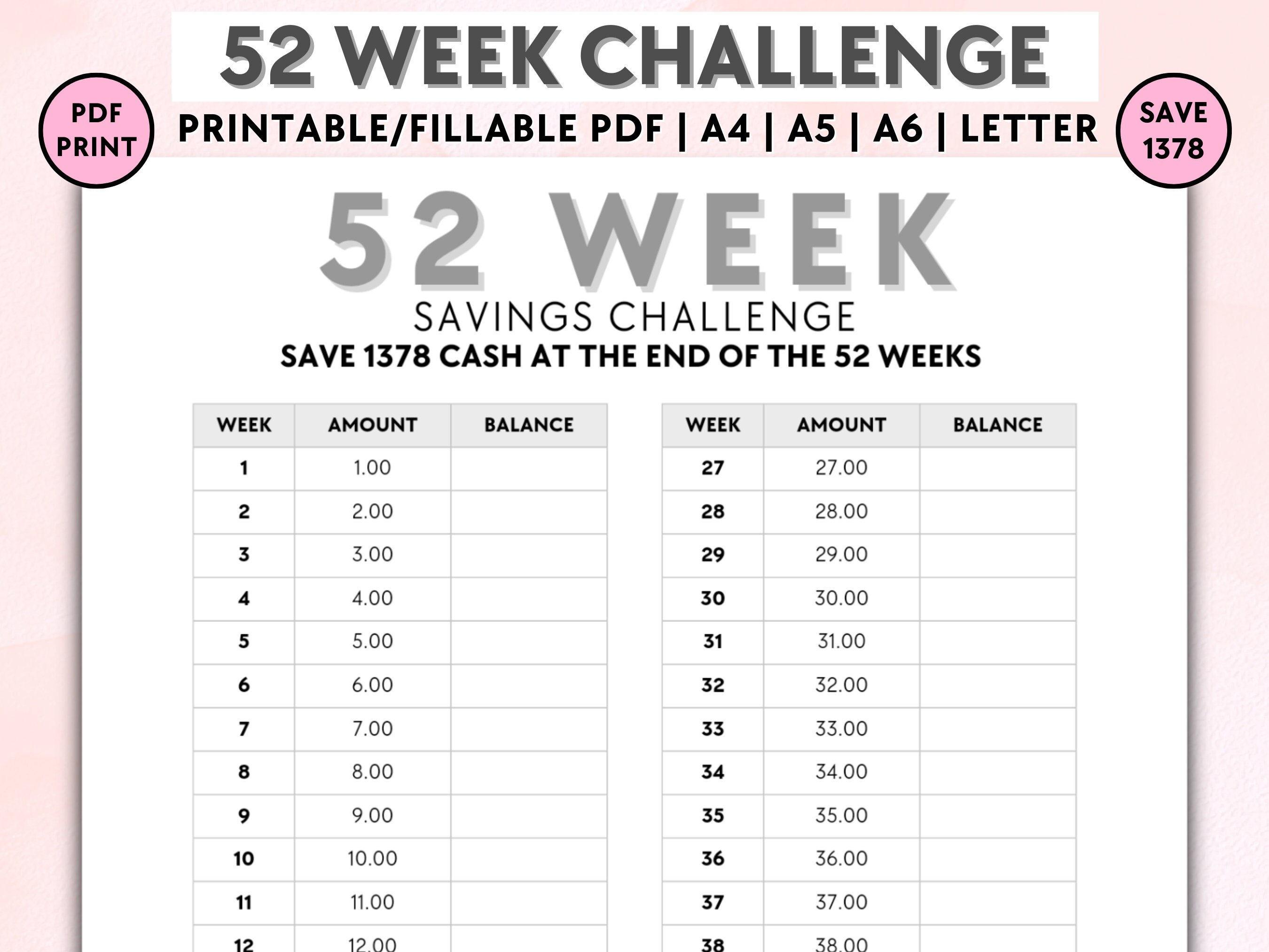52 Week Money Savings Challenge - Etsy