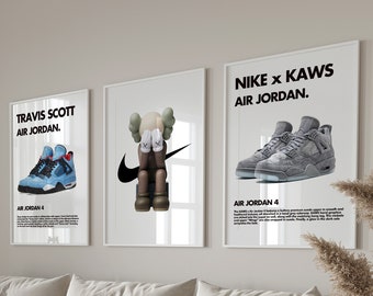 Ensemble de 3 affiches Hypebeast Téléchargement instantané, Art mural imprimable pour décor minimaliste Hypebeast, Kaws Poster, Jordan 4 Print, Nike Poster