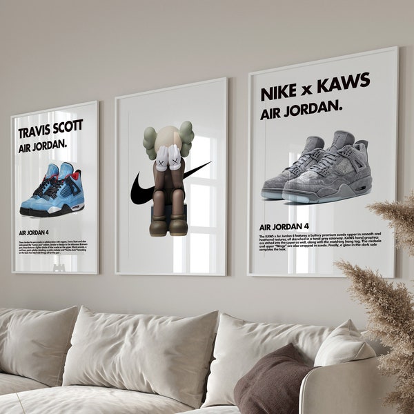 Set van 3 Hypebeast Posters Instant Download, Afdrukbare Wall Art voor minimalistisch Hypebeast Decor, Kaws Poster, Jordan 4 Print, Nike Poster