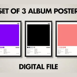 May include: A set of three framed album posters featuring the text SET OF 3 ALBUM POSTER and DIGITAL FILE. Each poster displays a large solid color block in purple, black, or pink, with a list of song titles, the artist name Drake, and the year 2016.