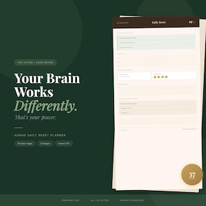Könnte beinhalten: Eine digitale Planerseite mit dem Titel Daily Reset mit Abschnitten für Morgenanker, Energie und Stimmung, Brain Dump und Abendausklang. Der Text lautet Your Brain Works Differently. That's your power. AUDHD DAILY RESET PLANNER. 30 Daily Pages, 5 Designs.