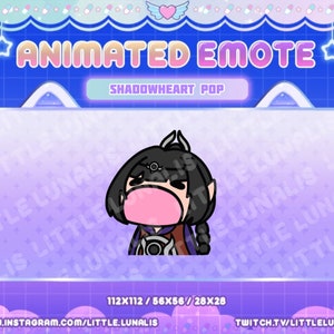 May include: Animated emote featuring a cartoon character with black hair, a pink mouth, and a red and black outfit. The character is set against a purple and blue background with stars and the text "SHADOWHEART POP".