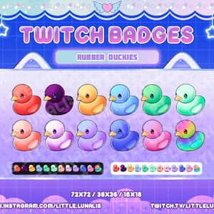 Puede incluir: Un conjunto de 10 insignias de Twitch con patos de goma en varios colores, incluidos rojo, morado, amarillo, azul, verde, rosa y arcoíris. Las insignias están diseñadas para usar en Twitch y están disponibles en tres tamaños: 72x72, 36x36 y 18x18 píxeles. El texto "Twitch Badges" y "Rubber Duckies" se muestra en la parte superior de la imagen.
