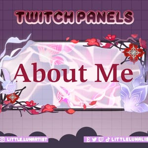 Könnte beinhalten: Ein digitales Twitch-Panel-Design mit dem Text "About Me" in einer kräftigen, burgunderroten Schrift. Das Panel ist mit floralen und Schmetterlingsillustrationen in Rot-, Weiß- und Lilatönen verziert, vor einem Rasterhintergrund. Die Worte "Twitch Panels" stehen oben.
