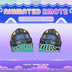 May include: Animated emote featuring a blue and black character holding a sign that says "Democracy" and another sign that says "Freedom". The background is a light blue and pink gradient with stars and hearts.