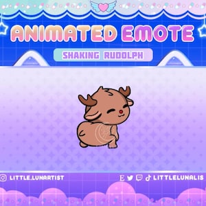 Könnte beinhalten: Animiertes digitales Emoji eines braunen Rentiers mit einer roten Nase, das seinen Körper schüttelt. Das Emoji ist vor einem lila und blauen Hintergrund mit Sternen und Herzen platziert. Der Text "SHAKING RUDOLPH" befindet sich über dem Rentier.