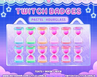 12 cute pastel heart hourglass sub badges for Twitch Streamers