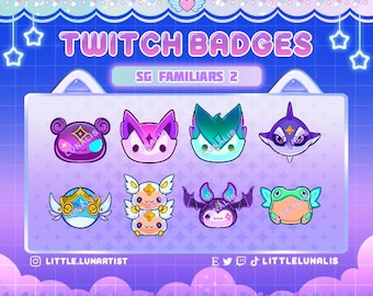 May include: A set of nine Twitch badges featuring cute cartoon characters. The badges are designed in a pastel colour scheme with purple, pink, blue, and green accents. The characters include a fox, a bat, a frog, a fish, and a few other creatures. The text "SG FAMILIARS 2" is displayed at the top of the image.
