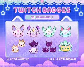 May include: A set of nine Twitch badges featuring cute, cartoon-style familiars. The badges are in a variety of colours, including pink, blue, green, yellow, and purple. The text "Twitch Badges" and "SG Familiars I" is displayed at the top of the image.