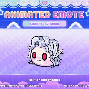 May include: Animated emote featuring a cartoon character with white hair and red eyes. The character has a pink and purple background with the text "SQUISHY ASTARION" and "ANIMATED EMOTE" in a neon pink font.