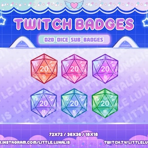 6 D20 Dice Twitch Sub Badges - dnd, dungeons and dragons, cute, pastel, rainbow, roll