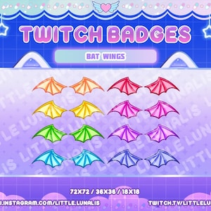May include: A set of nine Twitch badges featuring colorful bat wings in various sizes. The badges are designed in a pastel color scheme with a pink, purple, and blue background. The text "TWITCH BADGES" and "BAT WINGS" is displayed at the top of the image. The sizes of the badges are 72x72, 36x36, and 18x18 pixels.