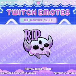 May include: Purple and white Twitch emote with the word "RIP" and a skull with horns. The emote is on a blue background with a pink border and stars. The text "RIP Monster Skull" is at the top of the image.